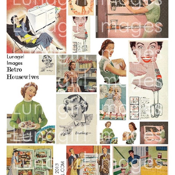 RETRO HOUSEWIVES feuille de collage numérique, vintage Images des années 1950 femmes kitsch Mid-Century publicité art cuisine ménage Fifties Mom DOWNLOAD