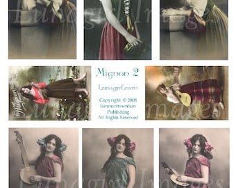 MIGNON Gypsy Girls digital collage sheet, vintage photos Gypsies, Victorian images, French postcards, guitar, altered art ephemera DOWNLOAD