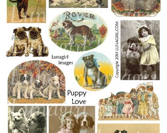 Puppy Love VINTAGE DOGS digital collage sheet, Victorian animals pets puppies, pugs yorkie doxie, antique labels cards art ephemera DOWNLOAD