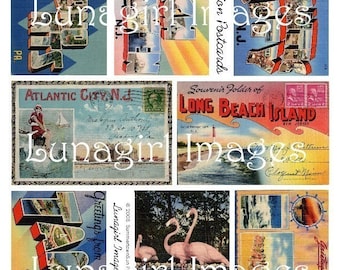 RETRO VACATION digital collage sheet, Vintage Postcards, Travel Florida beach Atlantic City, Mid-Century Americana kitsch ephemera DOWNLOAD