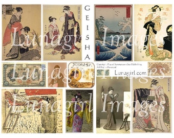 GEISHAs digital collage sheet Japanese women girls, antique Asian ephemera, money woodblock ukiyoe art prints vintage photos images DOWNLOAD