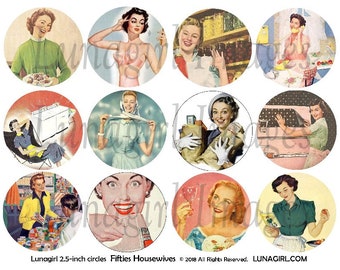 1950s HOUSEWIVES digital collage sheet 2.5-inch Circles, Retro Women, Fifties Mom, mid-century vintage kitchen, kitsch art ephemera DOWNLOAD
