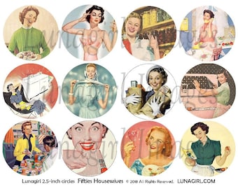 1950er Jahre Hausfrauen digitale Collage Blatt 2,5-Zoll-Kreise, Retro Frauen, Fünfziger Mama, Mitte des Jahrhunderts Vintage Küche, Kitsch Kunst Ephemera DOWNLOAD