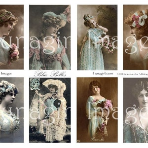 Foglio di collage digitale con foto d'epoca BLUE BELLES, dame vittoriane, ragazze edoardiane, cartoline francesi, immagini d'epoca effimere DOWNLOAD