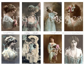 BLUE BELLES vintage photos Digital Collage Sheet, Victorian ladies Edwardian girls, French postcards women, Vintage images Ephemera DOWNLOAD