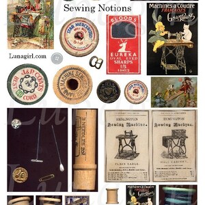 Puede incluir: Un collage de nociones de costura vintage, que incluye carretes de hilo, agujas, botones y anuncios. El texto "Sewing Notions" se muestra de forma destacada. La imagen presenta una variedad de colores y texturas, evocando una sensación de nostalgia y artesanía.