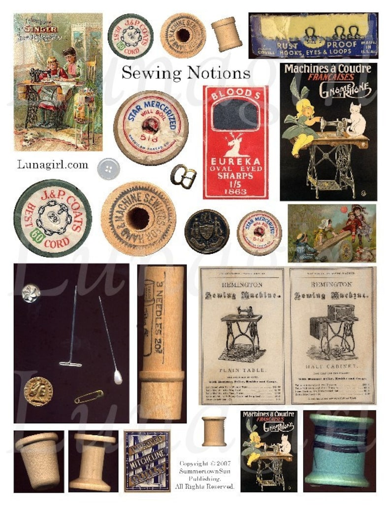 Vintage SEWING NOTIONS digital collage sheet wooden spools Etsy