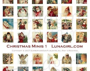 May include: A collection of vintage Christmas-themed mini images. The images feature Santa Claus, angels, and winter scenes. The text "Christmas Minis 1 Lunagirl.com" is displayed. Copyright 2007 Summertownsun Publishing. All rights reserved.