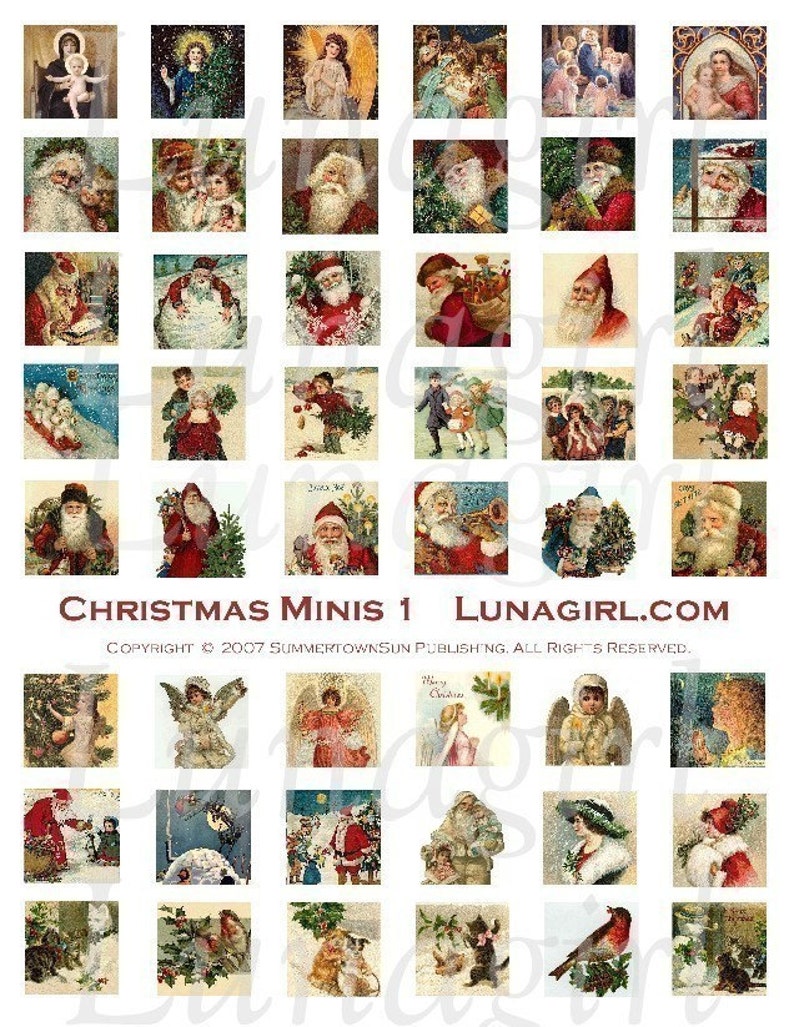 May include: A collection of vintage Christmas-themed mini images. The images feature Santa Claus, angels, and winter scenes. The text "Christmas Minis 1 Lunagirl.com" is displayed. Copyright 2007 Summertownsun Publishing. All rights reserved.