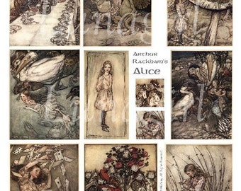 ALICIA en el PAÍS DE LAS MARAVILLAs hoja de collage digital Rackham ilustraciones libro de cuentos de hadas fantasía arte libro infantil, efemérides vintage DESCARGAR