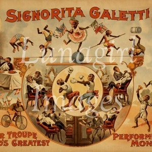Pu&ograve; includere: Poster di circo vintage con le parole "Signorita Galetti" e "And Her Troupe of the World's Greatest Performing Monkeys". Il poster raffigura scimmie che eseguono vari numeri circensi, tra cui funambolismo, boxe e acrobazie. La tavolozza dei colori &egrave; principalmente seppia.