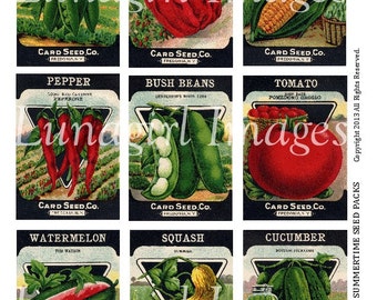 SEED PACKS Vintage Images digital collage sheet, retro kitchen vegetables gardening food art cards, corn peppers tomatoes, ephemera DOWNLOAD