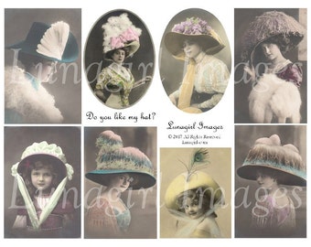 VICTORIAN LADIES HATS, digital collage sheet, vintage images, vintage photos women girls, big hats, postcards, altered art ephemera Download