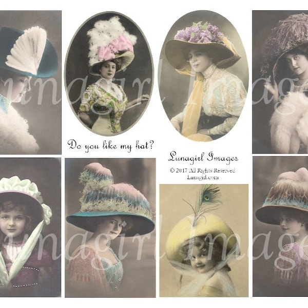 VICTORIAN LADIES HATS, digital collage sheet, vintage images, vintage photos women girls, big hats, postcards, altered art ephemera Download