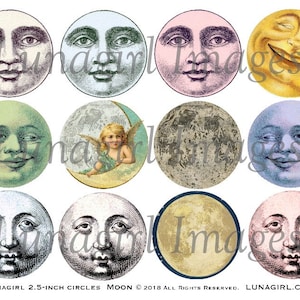 Vintage MOON FACES digital collage sheet, 2.5-inch Circles, Victorian celestial art Man in the Moon, Artist Trading Coins, ephemera DOWNLOAD