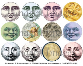 Vintage digitaal collageblad MOON GEZICHTEN, 2,5-inch cirkels, Victoriaanse hemelkunst Man in the Moon, Artist Trading Coins, kortstondig DOWNLOAD