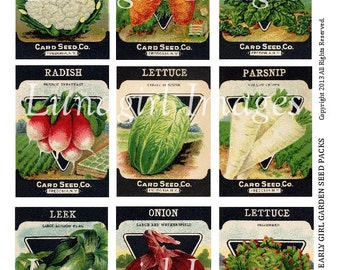 SEED PACKS Vintage Images digital collage sheet, retro kitchen vegetables gardening food art cards spring carrots lettuce, ephemera DOWNLOAD