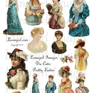 VICTORIAN LADIES digital collage sheet Vintage Women Die Cuts, colorful fashions dresses Hats, beautiful girls, Art images Ephemera DOWNLOAD