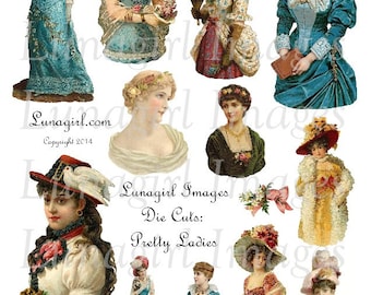 VICTORIAN LADIES digital collage sheet Vintage Women Die Cuts, colorful fashions dresses Hats, beautiful girls, Art images Ephemera DOWNLOAD
