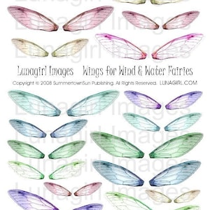 Peut inclure: Une collection d'ailes de fées aquarelles de différentes couleurs, dont rose, vert, bleu et violet. Les ailes sont disposées par paires et sont semi-transparentes. Le texte "Lunagirl Images Wings for Wind & Water Fairies" est visible.