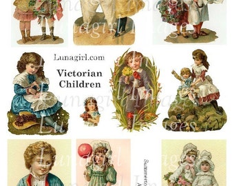 VICTORIAN CHILDREN digital collage sheet, vintage girls, boys sisters, nursery rhymes illustrations, scraps die cuts, art ephemera, DOWNLOAD