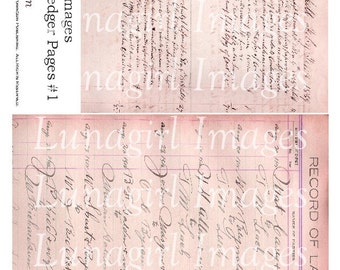 Vintage Pink LEDGER PAGES, digital collage sheet, antique book handwriting text, altered art tinted backgrounds, printable Ephemera DOWNLOAD