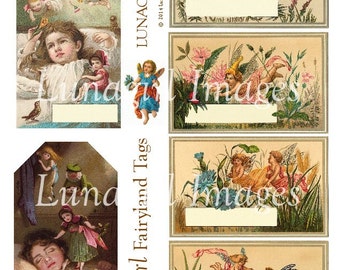 FAIRYLAND TAGS digital collage sheet, Vintage Blumen Feen, viktorianische Karten Kinder, druckbare Tags verändert Kunst Bilder, Ephemera DOWNLOAD