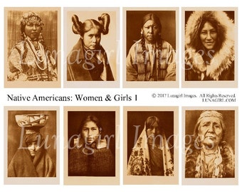 NATIVE AMERICANS digital collage sheet, WOMEN girls, sepia photos, vintage images, American Indians Western ephemera printable art, Download