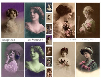 VINTAGE PHOTOS WOMEN digital collage sheet, Victorian ladies tinted French postcards, pendants inchies charms, altered art ephemera Download