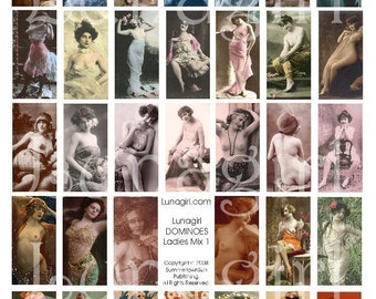 DOMINOES LADIES digital collage sheet Tiles vintage photos Victorian nudes women French postcards Paris showgirls flappers ephemera DOWNLOAD