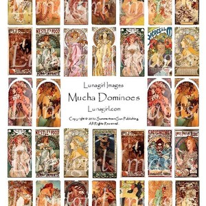 Puede incluir: Una colección de dominós Mucha con ilustraciones de estilo Art Nouveau. Los dominós muestran imágenes de mujeres, diseños florales y anuncios vintage en una variedad de colores, incluyendo oro, rojo y verde. El texto "Lunagirl Images" y "Mucha Dominoes" es visible.