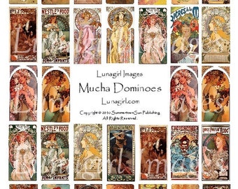 May include: A collection of Mucha Dominoes featuring Art Nouveau illustrations. The dominoes showcase images of women, floral designs, and vintage advertisements in a variety of colors, including gold, red, and green. The text "Lunagirl Images" and "Mucha Dominoes" is visible.