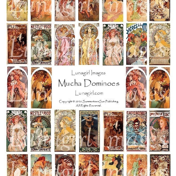 MUCHA DOMINOES feuille de collage numérique, Carreaux Pendentifs 1x2 images vintage Paris Art Nouveau déesse femmes dames altérées art éphémère TÉLÉCHARGER