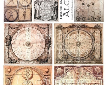 ALCHEMY in SEPIA digital collage sheet, Medieval Art Steampunk illustrations text antique book pages backgrounds printable ephemera DOWNLOAD