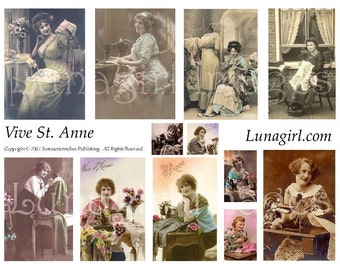 SEWING LADIES digital collage sheet, vintage photos, Victorian women seamstress flappers, tinted postcards French St Anne, ephemera DOWNLOAD