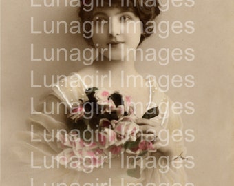 DIGITAL DOWNLOAD vintage photo Victorian girl flowers ROSES sepia postcard image French woman Edwardian altered art ephemera high resolution