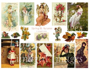 SPRING AUTUMN digital collage sheet, Vintage images Victorian cards seasons flowers girls women leaves Easter Fall Thanksgiving art DOWNLOAD