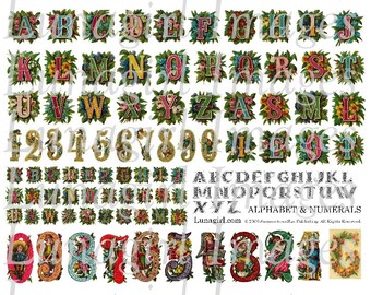May include: A collection of vintage-style alphabet letters and numerals, each adorned with floral arrangements. The letters and numbers are in various colors, including red, blue, and yellow, and are surrounded by green foliage. The image also includes the text "ALPHABET & NUMERALS".