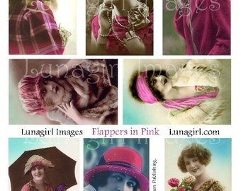 May include: A collage of vintage portraits featuring women in pink attire and accessories. The images showcase flapper-style fashion, including hats, coats, and dresses. The text "Lunagirl Images Flappers in Pink" is visible.