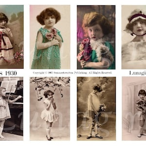 VINTAGE GIRLS 1930, folha de colagem digital, fotos vintage de crianças, cartões postais coloridos, imagens antigas, arte alterada Ephemera DOWNLOAD