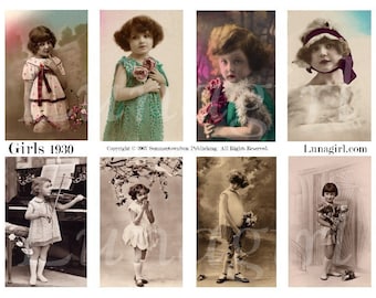 VINTAGE GIRLS 1930, digital collage sheet, Vintage Photos children flappers, tinted postcards, antique images, altered art Ephemera DOWNLOAD