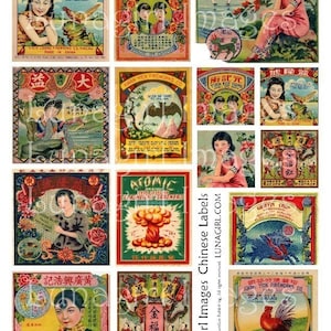 CHINESE LABELS digitale Collage Blatt Vintage Parfüm Seife Feuerwerkskörper Mädchen asiatische Ephemera retro atomare rot veränderte Kunst druckbare DOWNLOAD