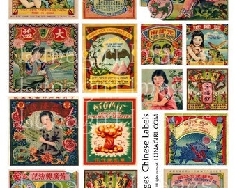 CHINESE LABELS digital collage sheet vintage perfume soap firecrackers girls Asian ephemera retro atomic red altered art printables DOWNLOAD