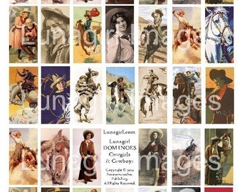 May include: A collection of vintage-style dominoes featuring illustrations of cowboys and cowgirls. The images include portraits, horseback riding scenes, and figures in Western attire. The dominoes are rectangular and have a sepia-toned color palette.