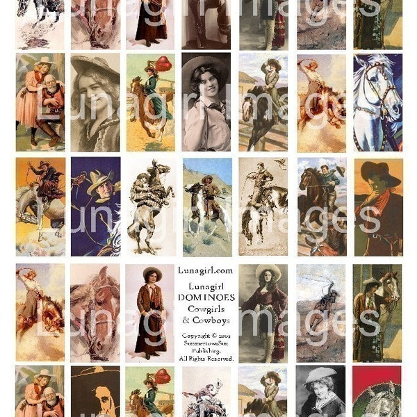 COWGIRLS DOMINOES digital collage sheet, Cowboys Wild West art tiles, Vintage women, rodeo horses, 1x2 pendants, images ephemera DOWNLOAD