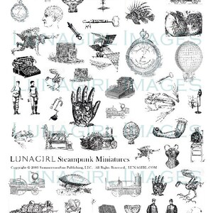 May include: A collection of black and white steampunk-themed illustrations. The image includes hot air balloons, a train, a pocket watch, a key, a hand, and other mechanical and Victorian-era elements. The text "LUNAGIRL Steampunk Miniatures" is also present.