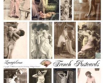 FRENCH POSTCARDS digital collage sheet, Vintage photos, risque Paris cards, Women Flappers nudes, shabby Pink altered art, Ephemera DOWNLOAD