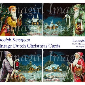 Tarjetas navideñas holandesas antiguas, hoja de collage digital, Papá Noel victoriano, noche de invierno, postales navideñas antiguas, arte efímero DESCARGAR