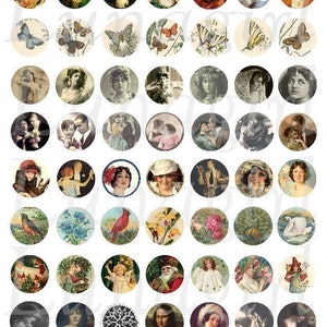 BOTTLECAPS digital collage sheet, round craft circles Pendants charms, mini vintage images photos art jewelry women birds, ephemera DOWNLOAD
