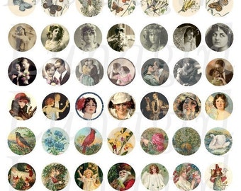 BOTTLECAPS digital collage sheet, round craft circles Pendants charms, mini vintage images photos art jewelry women birds, ephemera DOWNLOAD